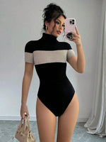 Color Block Turtleneck Ribbed Bodysuit - Ladyez