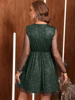 Glitter Surplice Long Sleeve Mini Dress - Ladyez