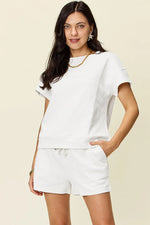 Double Take Full Size Texture Short Sleeve T-Shirt and Drawstring Shorts Set - Ladyez