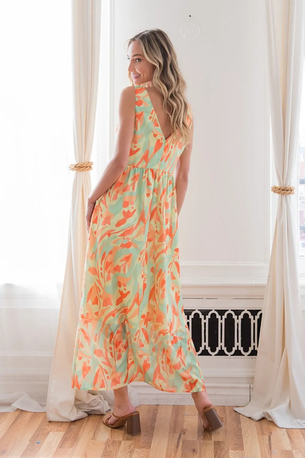 Sew In Love Printed V-Neck Sleeveless Dress - Ladyez