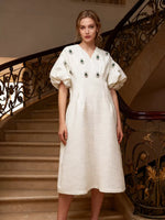 Embellished Puff Sleeve Midi Dress