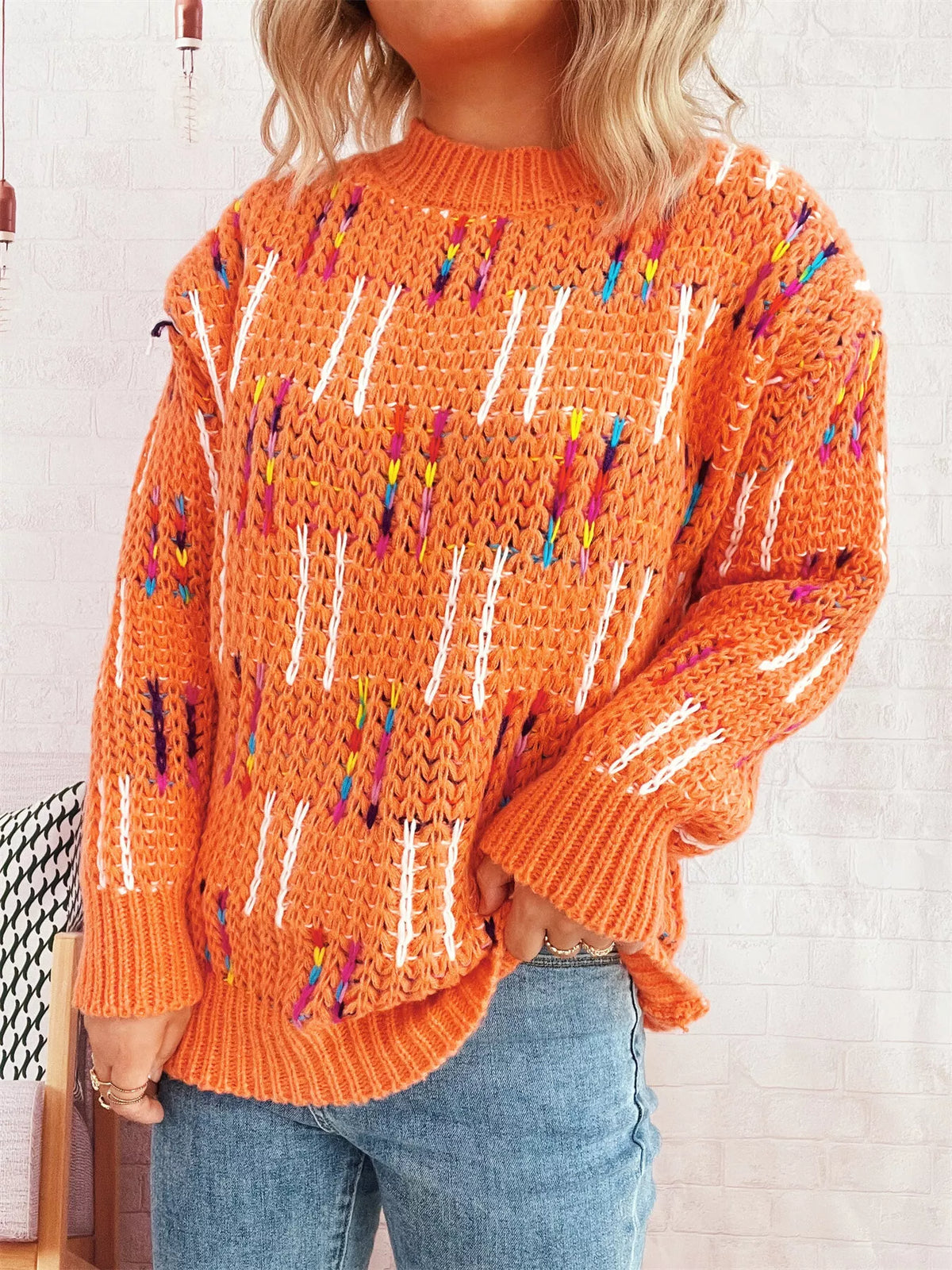 Colorful Round Neck Long Sleeve Sweater