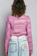 POL Round Neck Long Sleeve Exposed Seam Top with Lace Detail