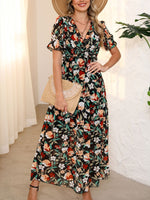 Floral Print Frilled V Neck Short Sleeve Maxi Dress