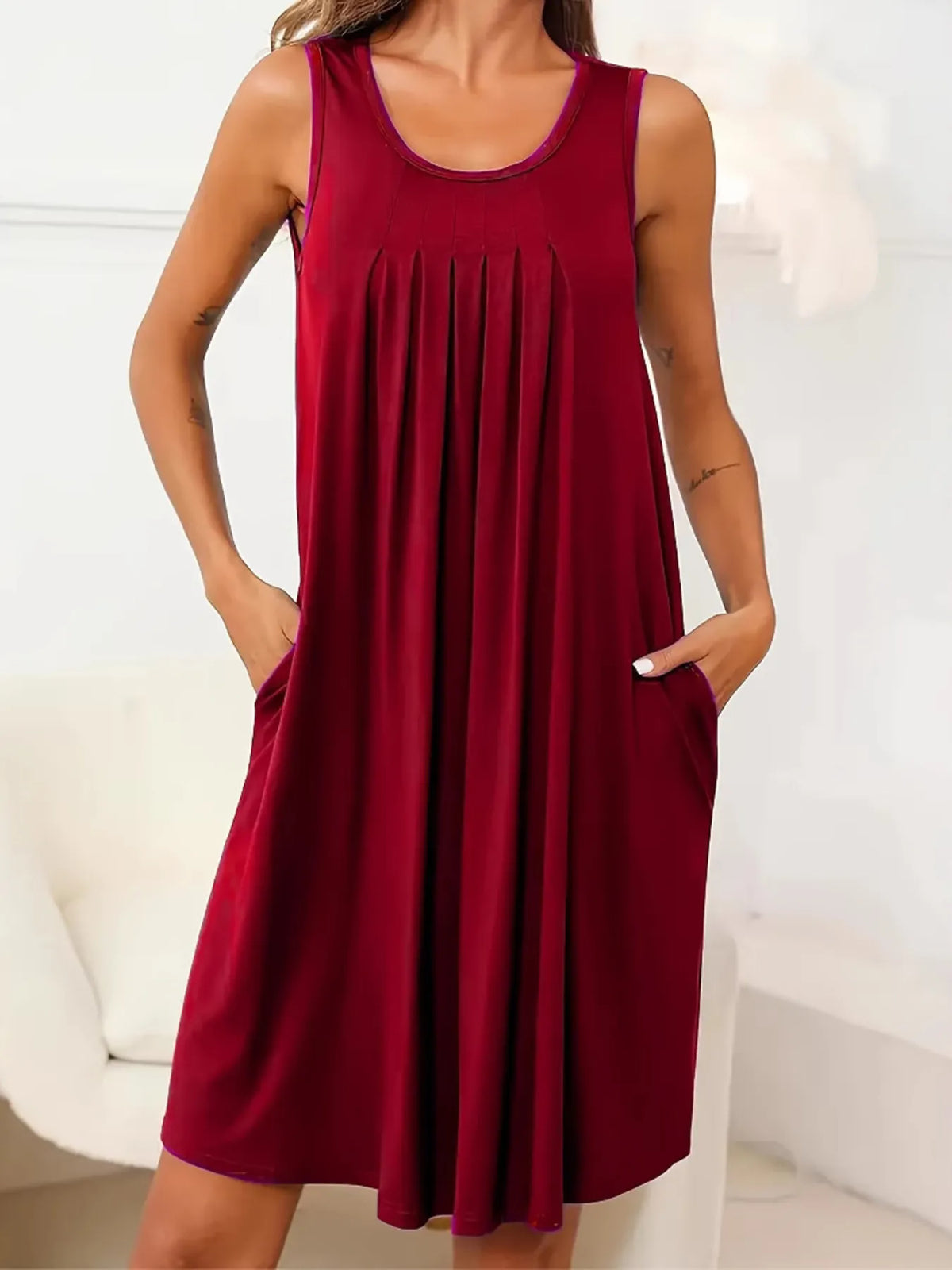 Flowy Pleated Tank Dress with Pockets - Ladyez