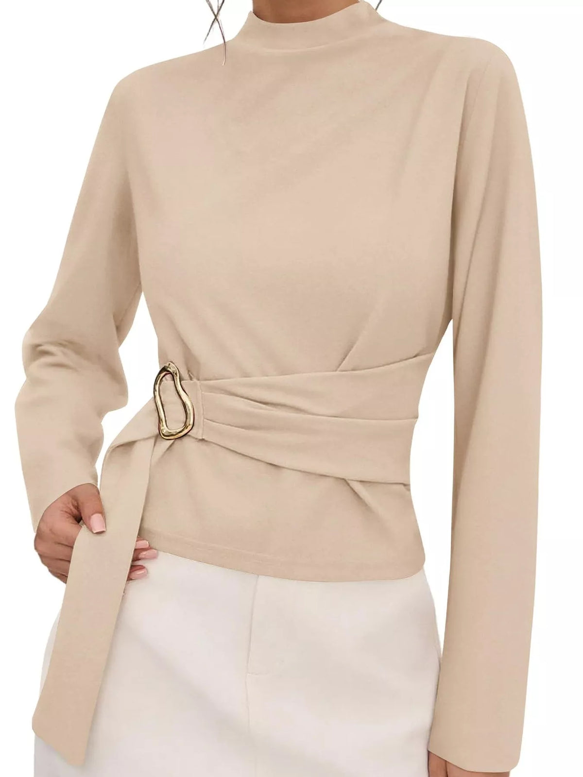 Mock Neck Blouse with Waist-Defining Metal Buckle Detail