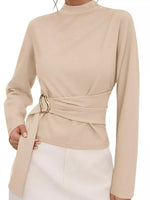 Mock Neck Blouse with Waist-Defining Metal Buckle Detail