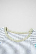 Stripe Floral Insert Sleeves Contrast Round Neck Tee