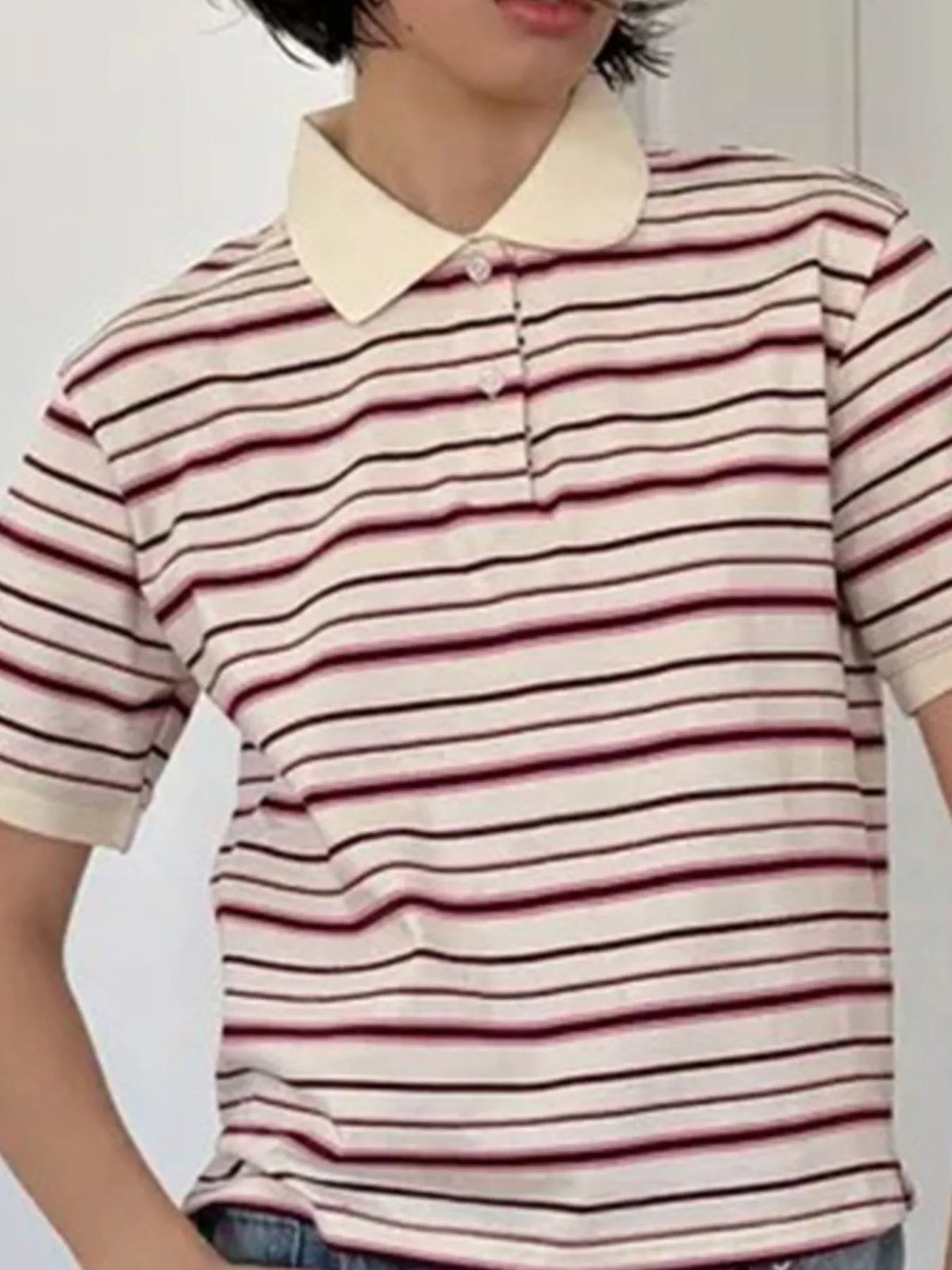 Striped Polo T-Shirt with Contrast Collar - Ladyez