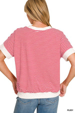 Zenana Stripe Contrast Trim Banded Bottom Top