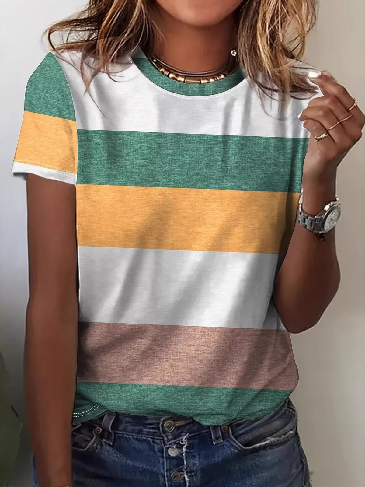 Plus Size Striped Casual Round Neck T-Shirt