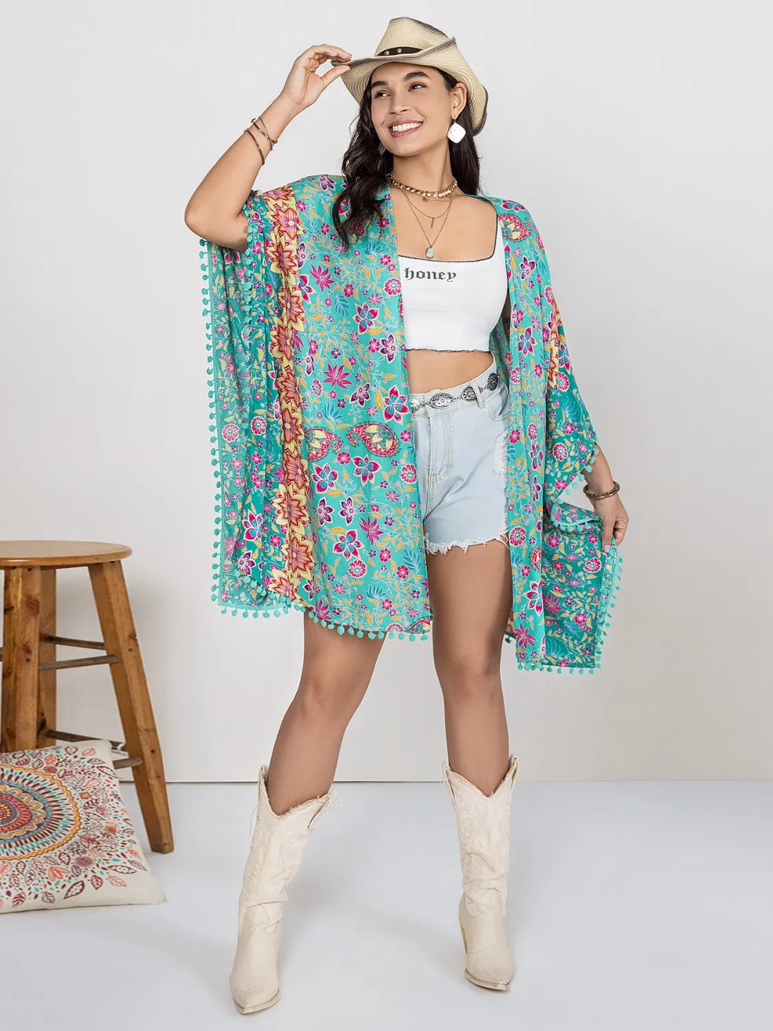 Plus Size Printed Open Front Cover-Up - Ladyez