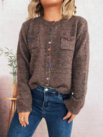 Button-Up Ribbed Hem Cardigan with Chest Pocket