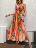 Striped Halter Maxi Dress with Cutout Detail - Ladyez