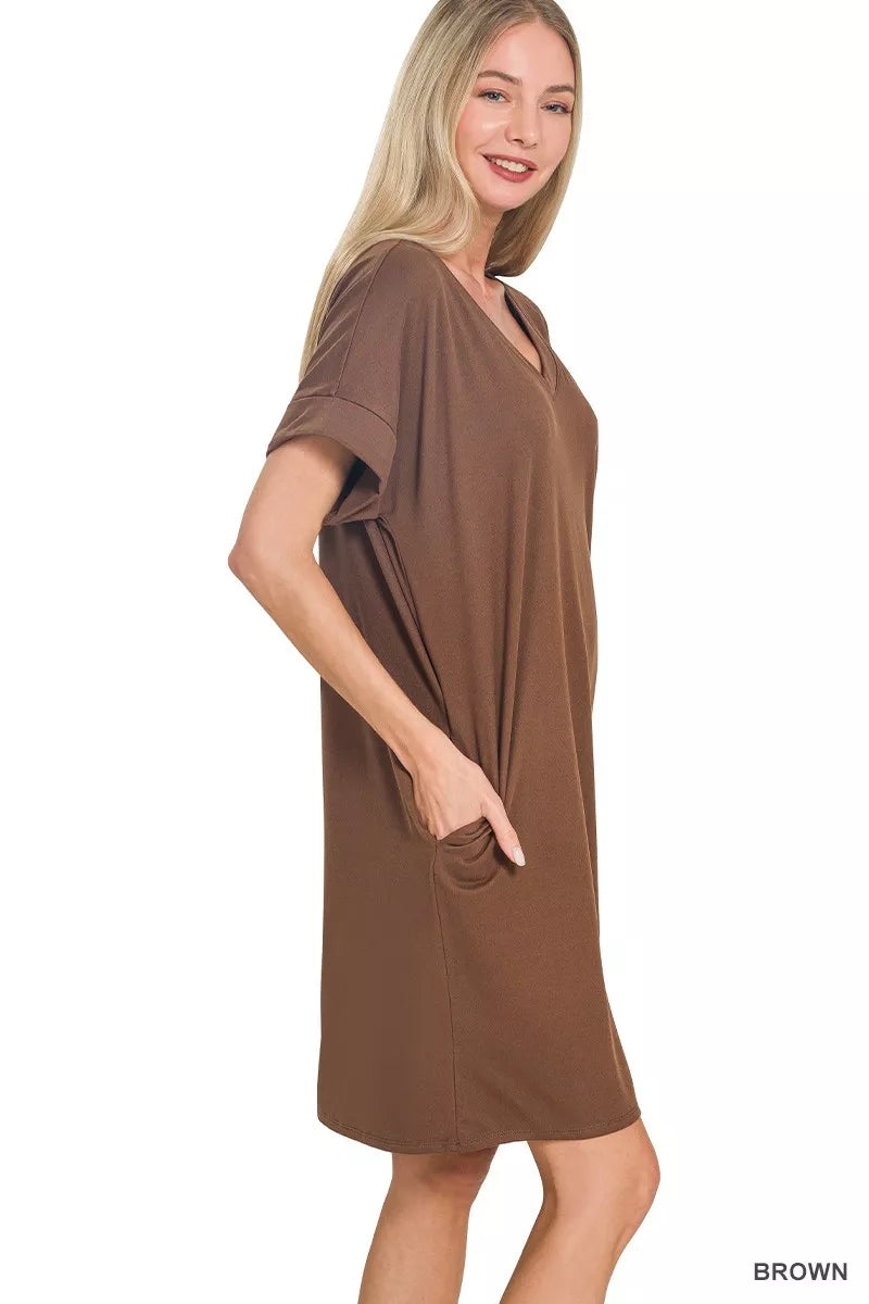 Zenana Brushed Dty Rolled Short Sleeve V-Neck Dress