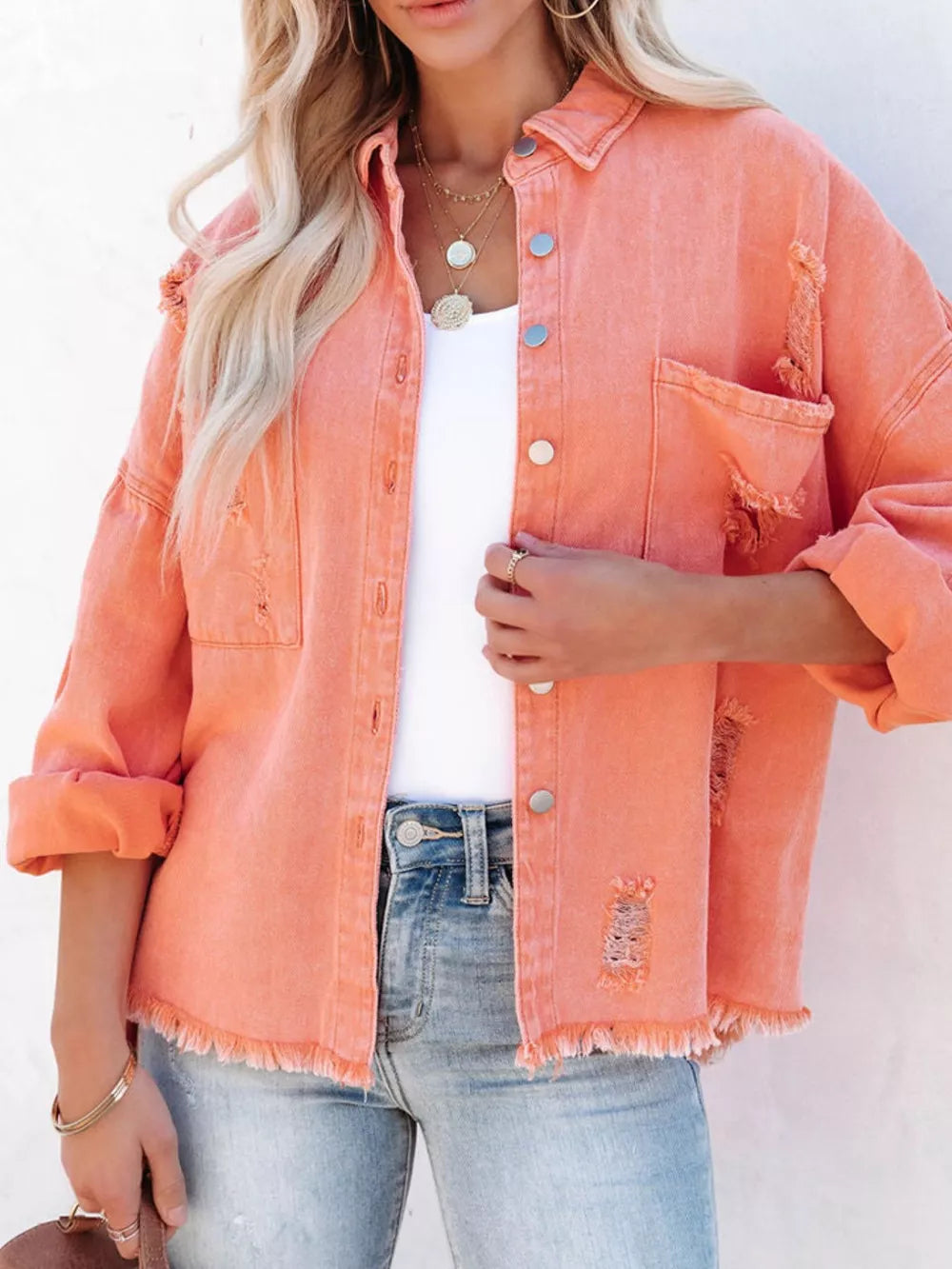 Raw Hem Button Up Denim Shacket