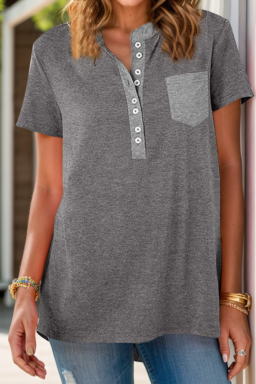 Full Size Half Button Short Sleeve T-Shirt - Ladyez