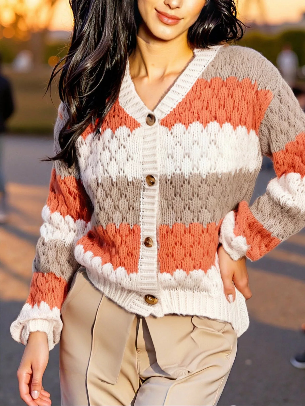Color Block Button Up Cardigan