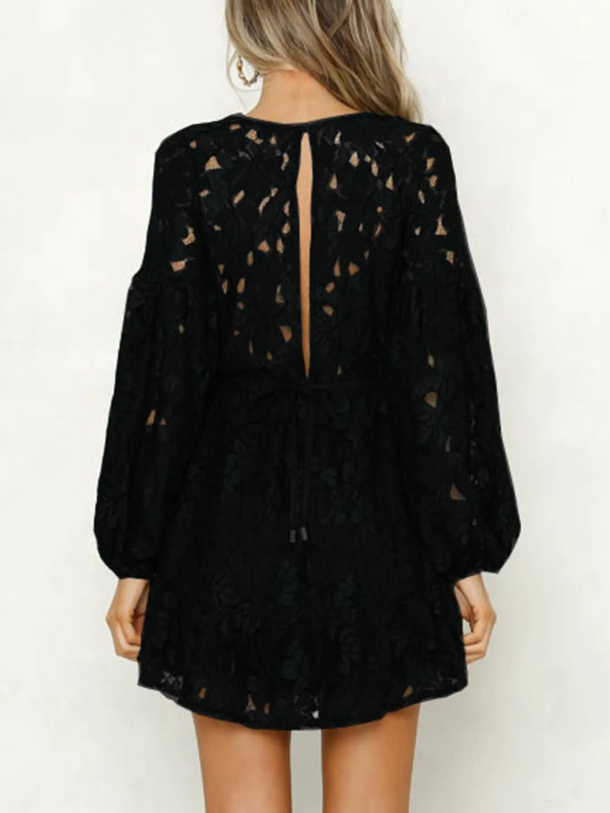 Lace V-Neck Long Sleeve Mini Dress - Ladyez