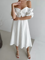 Twisted Front Puff Sleeve Midi Dress
