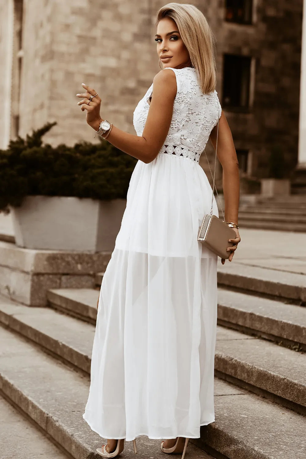 Slit Lace Detail V-Neck Dress - Ladyez