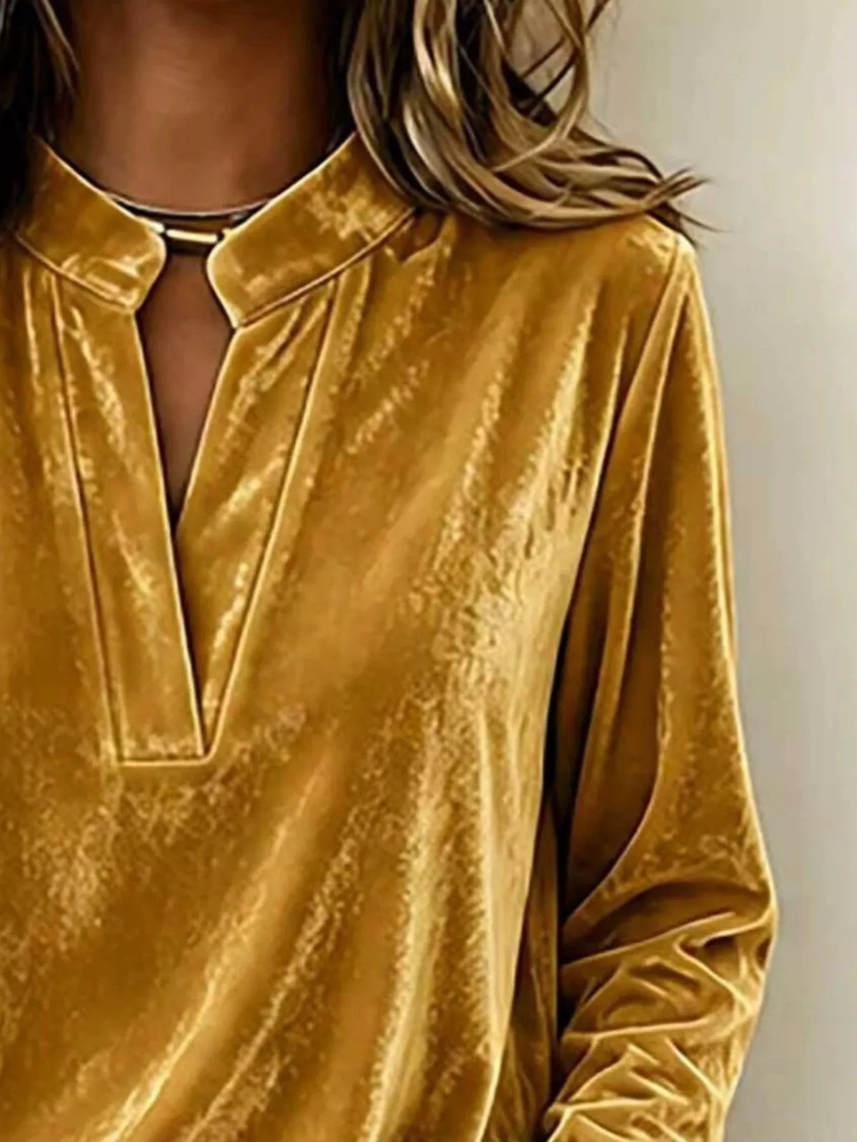 Full Size Velvet Notched Long Sleeve Top Plus Size