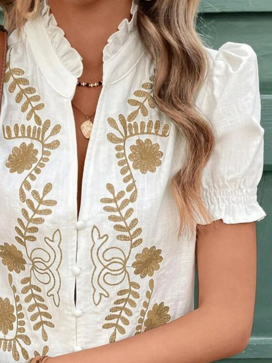 Embroidered Frill Notched Short Sleeve Blouse - Ladyez