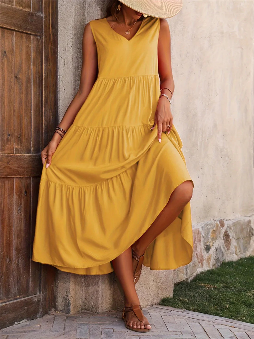Tiered V-Neck Sleeveless Dress - Ladyez