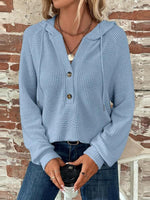Waffle Knit Long Sleeve Drawstring Hooded Top - Ladyez