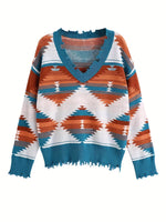 Geometric Frayed Hem V-Neck Long Sleeve Sweater