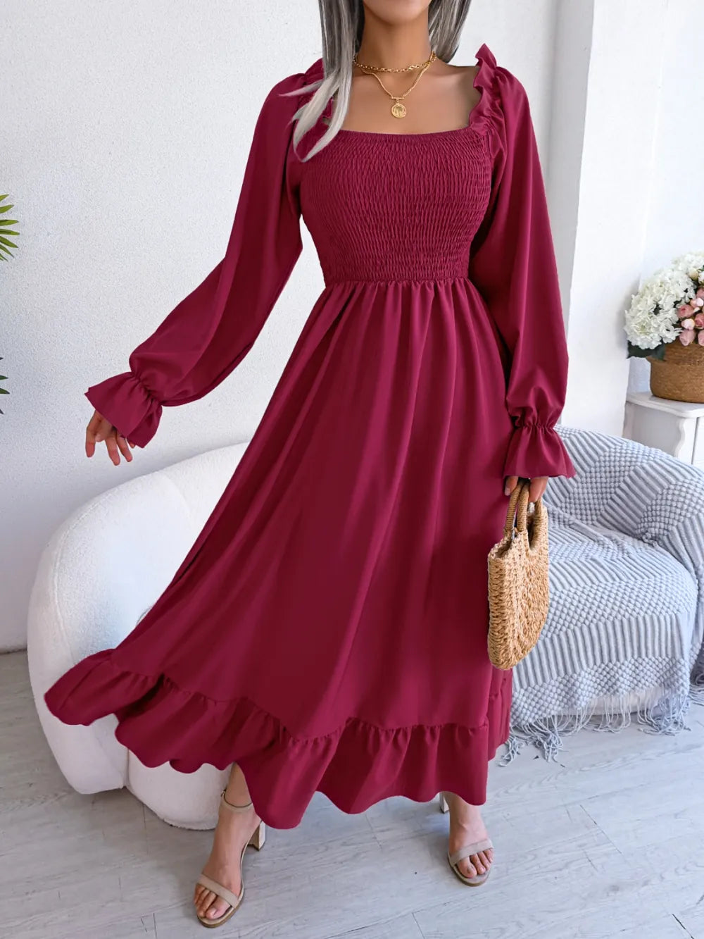 Smocked Square Neck Flounce Sleeve Dress - Ladyez