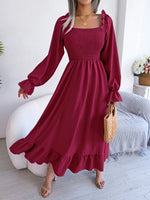 Smocked Square Neck Flounce Sleeve Dress - Ladyez
