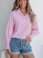 Pinstripe Long Sleeve Smocked Cuffs Button Shirt Collar Blouse