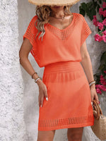 Openwork V-Neck Short Sleeve Cover-Up Dress - Ladyez
