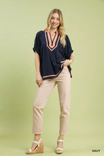 Umgee Linen Contrast Trim V-Neck Blouse