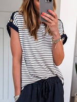 Stripe Cuffed Sleeve Button Decor Loose Tee