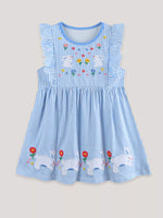 Children's Striped Bunny Embroidered Ruffle Sleeve Dress