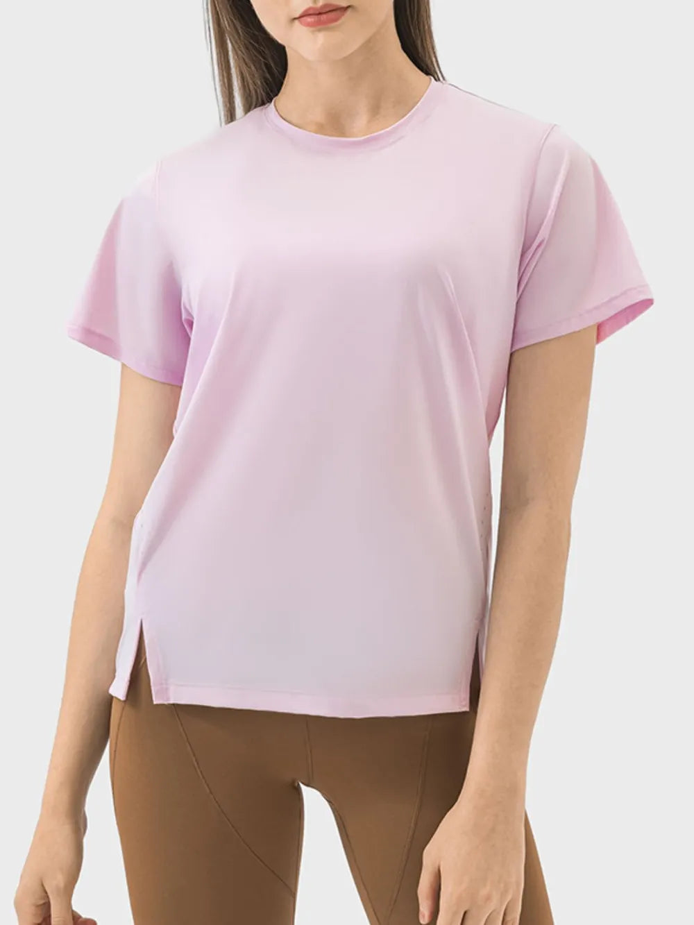 Millennia Slit Round Neck Short Sleeve Active T-Shirt - Ladyez