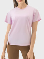 Millennia Slit Round Neck Short Sleeve Active T-Shirt - Ladyez