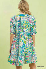 Umgee Mix Botanical Print Puff Sleeve Tiered Dress