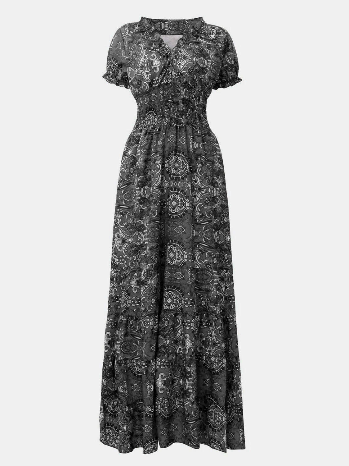 Full Size Smocked Printed V-Neck Short Sleeve Dress - Ladyez