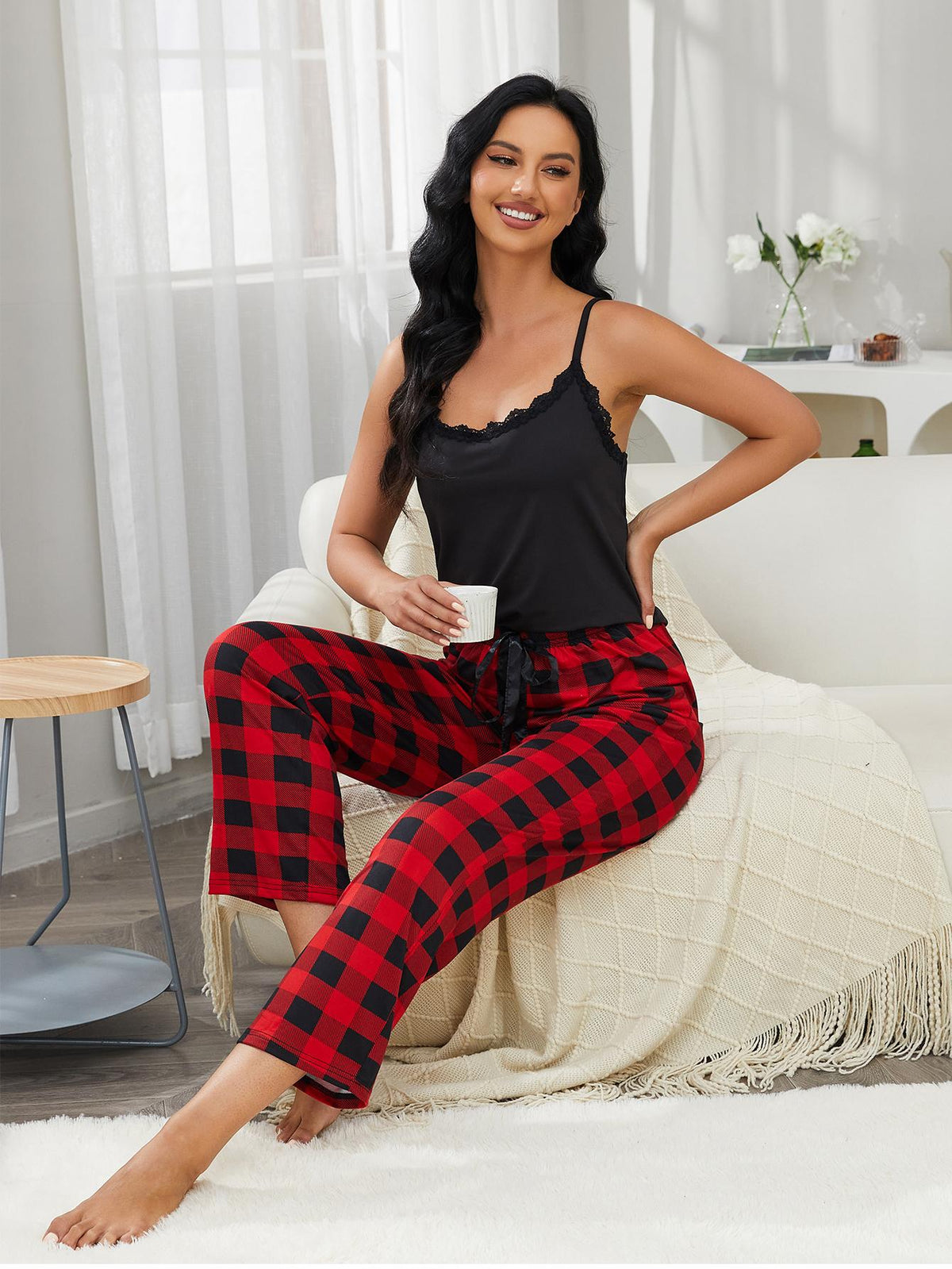 Lace Trim Cami and Plaid Pants Lounge Set - Ladyez