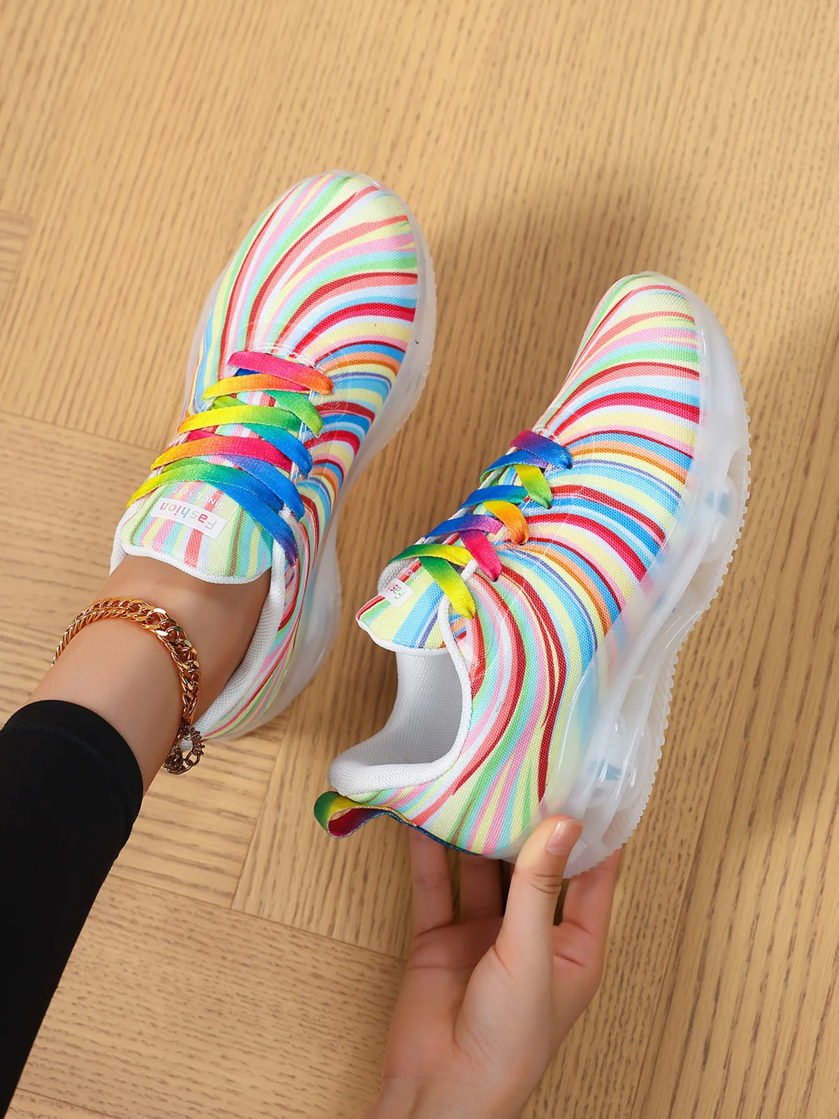 Rainbow Swirl Lace Up Athletic with Transparent Sole - Ladyez