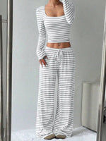 Striped Long Sleeve Crop Top & Wide Leg Pants Set