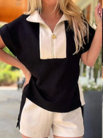 Color Block Half Zip Top and Shorts Two-Piece Set