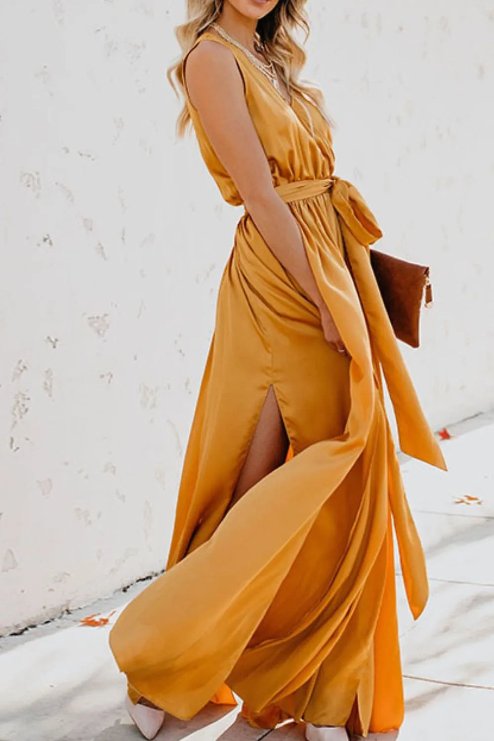 Surplice Tie Waist Maxi Dress - Ladyez