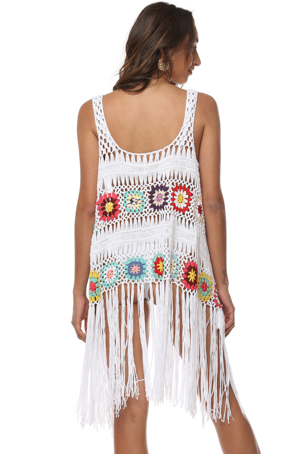 Openwork Fringe Detail Embroidery Sleeveless Cover-Up - Ladyez