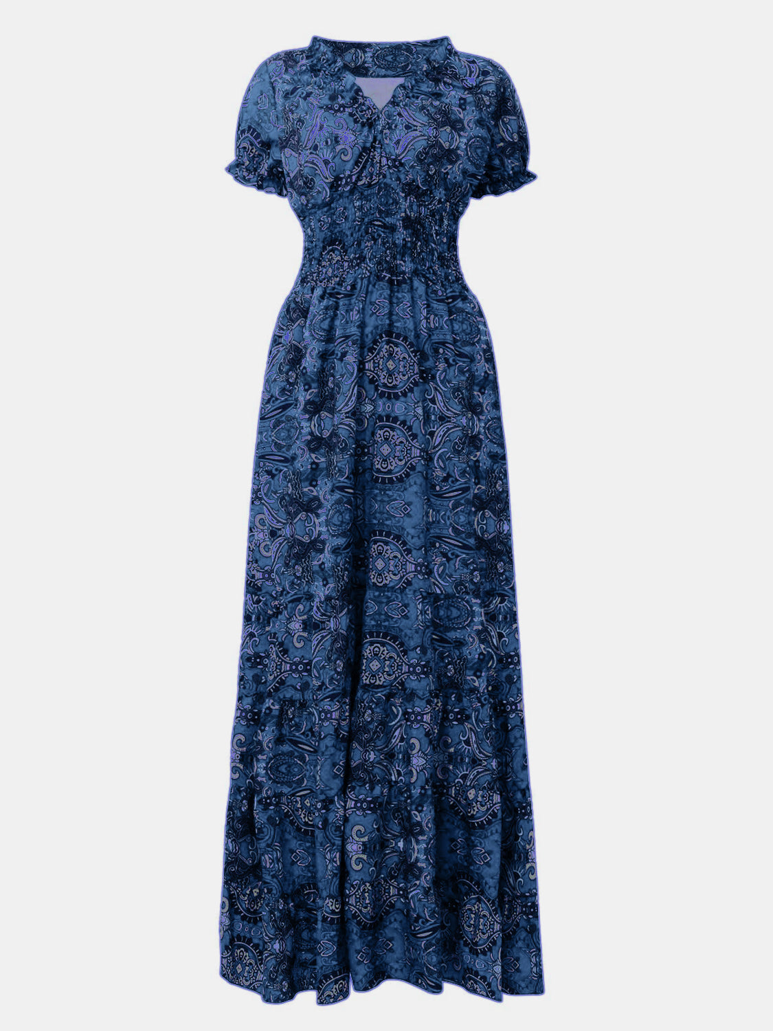 Full Size Smocked Printed V-Neck Short Sleeve Dress - Ladyez