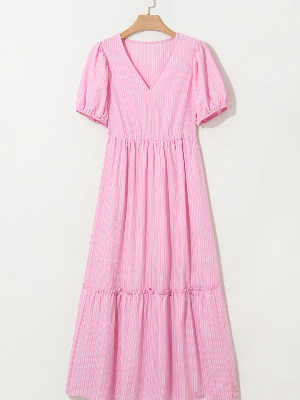 Striped Puff Sleeve V-Neck Maxi Dress - Ladyez