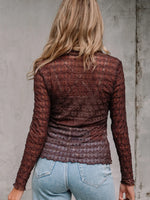 Sheer Mesh Patterned Lettuce Trim Slim Long Sleeve Top